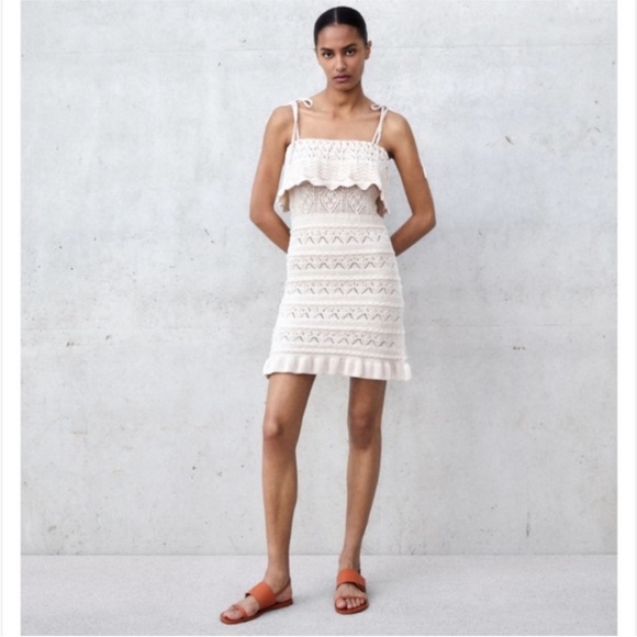 RARE, NWOT! Zara Ruffled Knit Mini Dress w Tie Strap, Cream, M / L - Picture 5 of 11